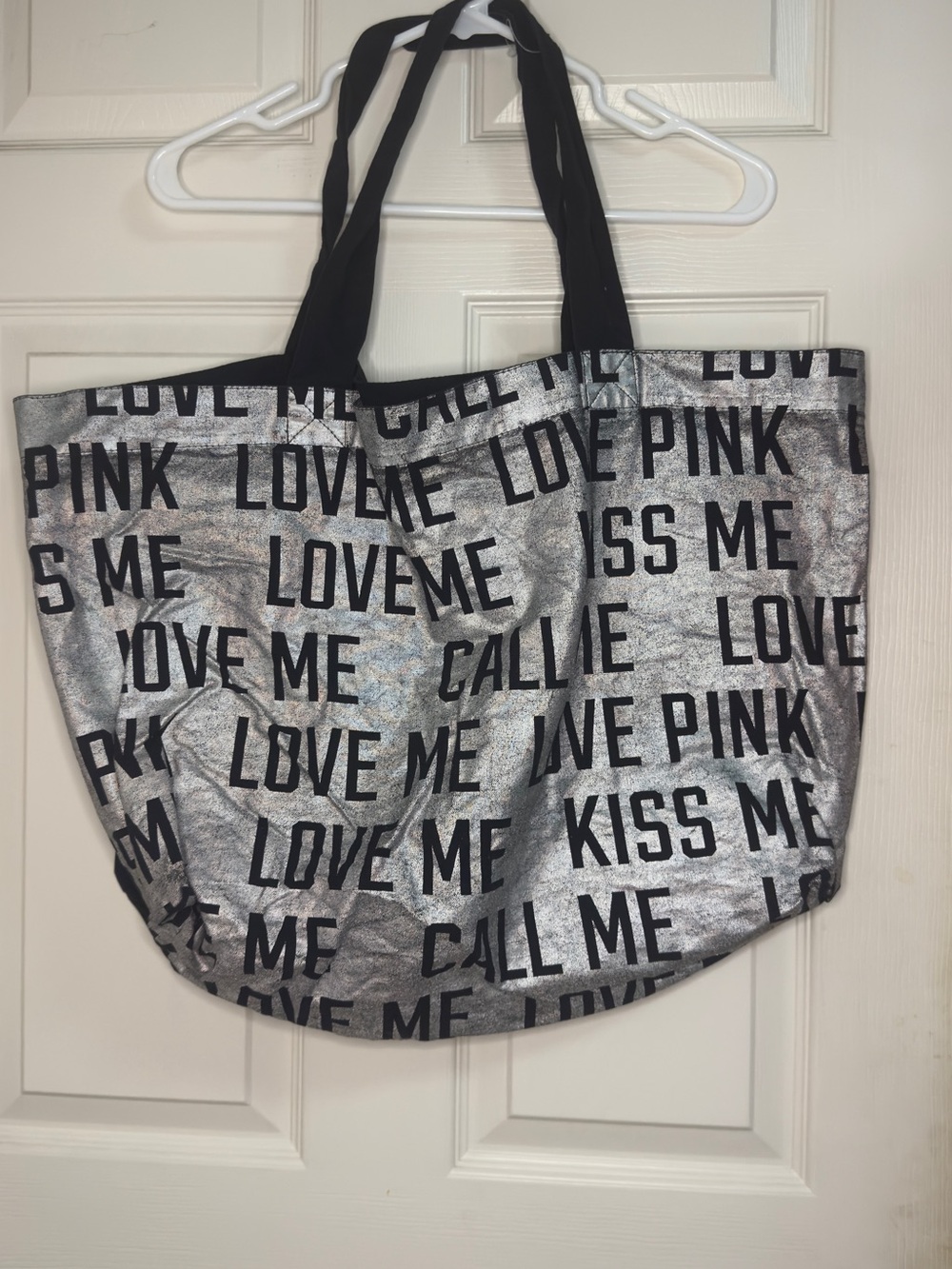 PINK Victoria's Secret Silver Metallic Tote with Black Logo Print